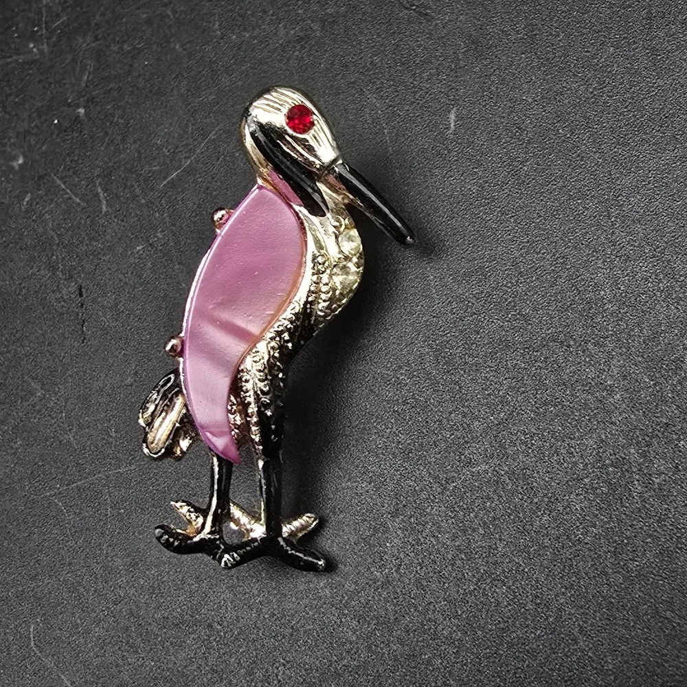 Pink Thermoset Bird Brooch Flamingo Gold Tone Vintage Animal Costume Jewelry